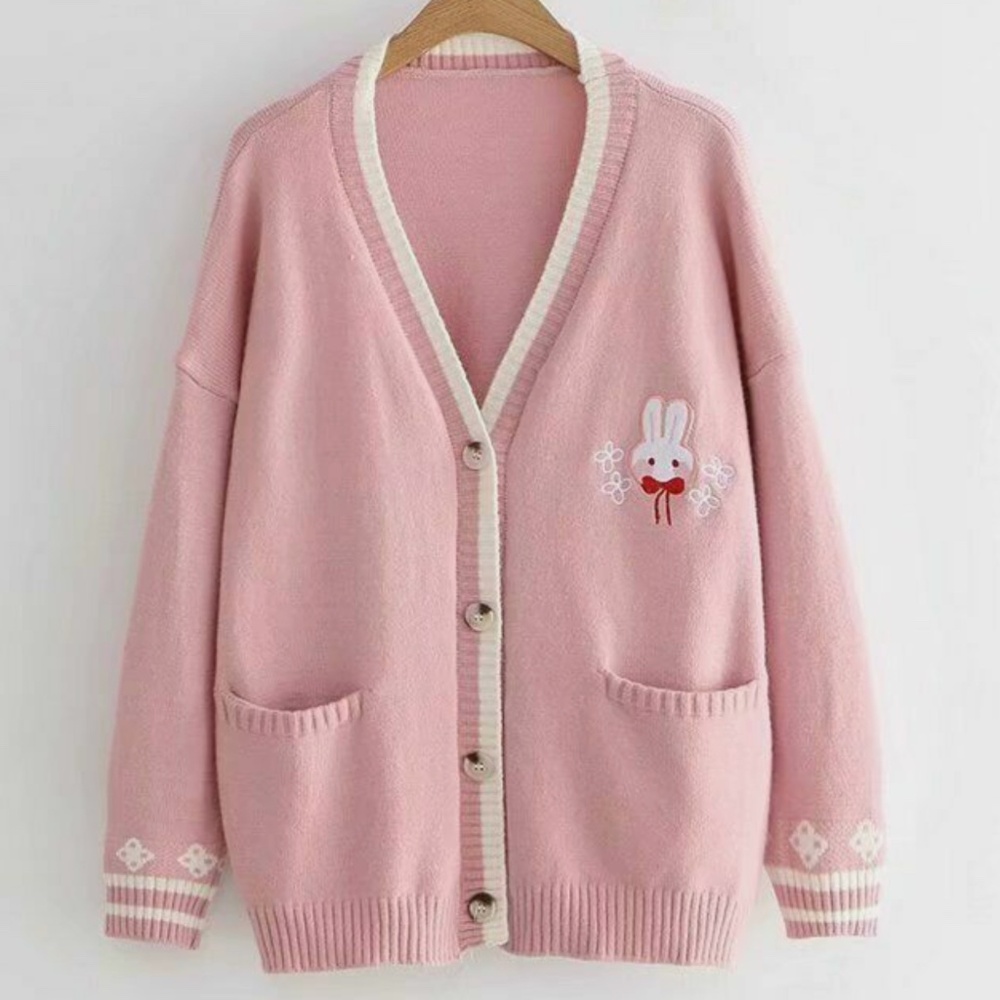 *~*👚🐰 Women Kawaii Rabbit Embroidered CARDiGAN SWEATER Pink Button Knit Mori